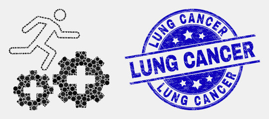 Dot patient run over gears mosaic pictogram and Lung Cancer seal. Blue vector rounded scratched seal with Lung Cancer text. Vector composition in flat style.