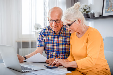 Senior couple checking bills using laptop at home