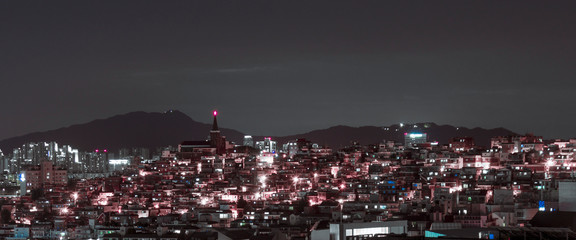 building of the city with modern buildings in Korea, night view. beautiful landscape of the city at night. historic korean buildings in the city center night landscape.