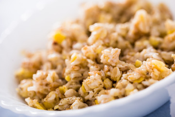 plate with cereal porridge for breakfast
