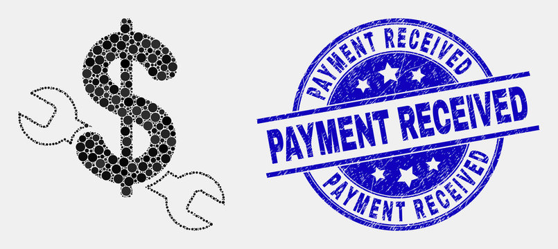 Pixelated Repair Price Mosaic Pictogram And Payment Received Stamp. Blue Vector Round Textured Seal Stamp With Payment Received Title. Vector Combination In Flat Style.