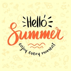 Obraz na płótnie Canvas Brush lettering composition of Hello Summer on hand drawn doodle background vector pattern