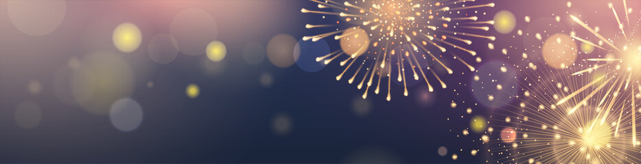 Horizontal border with golden fireworks on blue background. Festive lights for design of website headers, banners and flyers for holiday celebration. Vector template with effect bokeh.