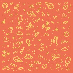 Hand drawn vector pattern doodle background illustration with summer food and goods