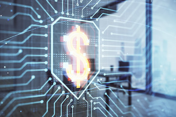 Business theme hologram with minimalistic cabinet background. Double exposure.