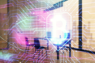 Bitcoin sign hologram with minimalistic cabinet background. Double exposure. Cryptocurrency concept.