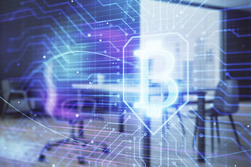 Bitcoin sign hologram with minimalistic cabinet background. Double exposure. Cryptocurrency concept.
