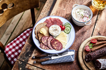 Selection of venison sausages with lunch platter