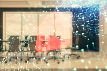 Double exposure of lock icon hologram on conference room background. Concept of cyber security