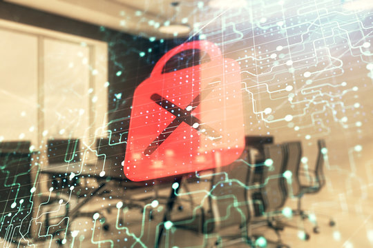 Double exposure of lock icon hologram on conference room background. Concept of cyber security