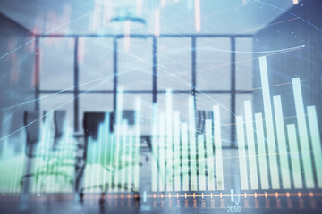 Multi exposure of stock market graph on conference room background. Concept of financial analysis