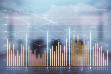 Multi exposure of stock market graph on conference room background. Concept of financial analysis