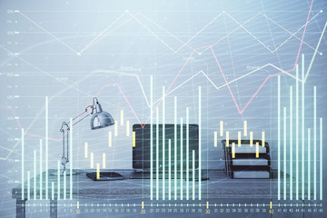 Stock market chart and desktop office computer background. Multi exposure. Concept of financial analysis.