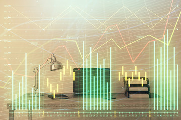 Stock market chart and desktop office computer background. Multi exposure. Concept of financial analysis.