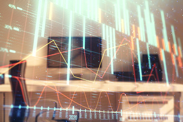 Stock market chart and desktop office computer background. Multi exposure. Concept of financial analysis.