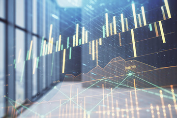 Double exposure of financial chart on empty room interior background. Forex market concept.