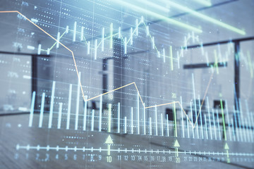 Stock and bond market graph with trading desk bank office interior on background. Multi exposure. Concept of financial analysis