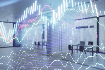 Stock and bond market graph with trading desk bank office interior on background. Multi exposure. Concept of financial analysis