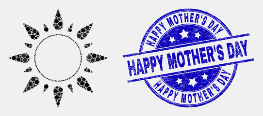 Fototapeta premium Dotted sunshine mosaic pictogram and Happy Mother'S Day stamp. Blue vector round distress seal stamp with Happy Mother'S Day title. Vector composition in flat style.