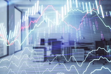 Stock and bond market graph with trading desk bank office interior on background. Multi exposure. Concept of financial analysis