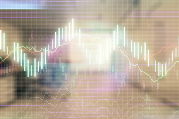 Stock market chart with trading desk bank office interior on background. Double exposure. Concept of financial analysis