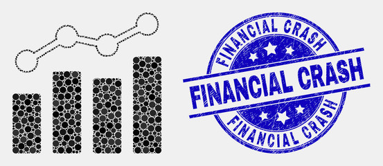 Dot trend charts mosaic icon and Financial Crash seal stamp. Blue vector rounded textured seal stamp with Financial Crash caption. Vector composition in flat style.