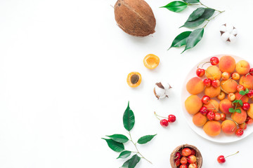 Summer fruits on white background, flat lay, top view
