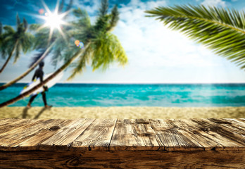 Table background at the sunny ocean view