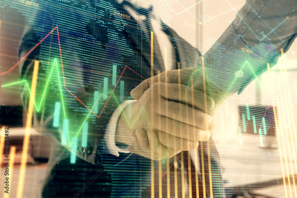 Poster multi exposure of financial chart and map on office background with two businessmen handshake. conce