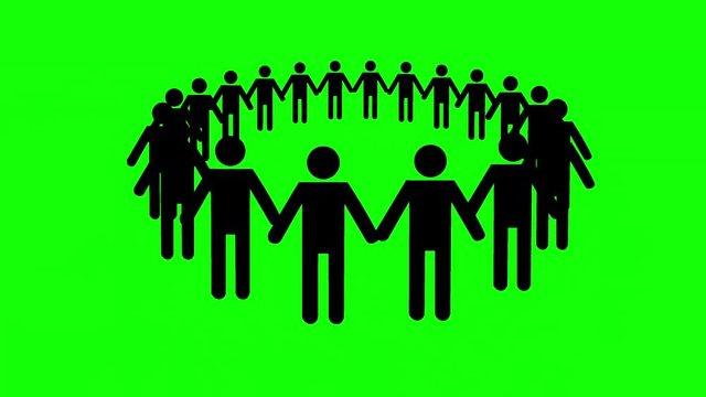 Community holding hands concept rotating on green background. Silhouette background animation.  4k