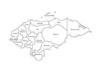 Vector isolated illustration of simplified administrative map of Honduras. Borders and names of the departments (regions). Black line silhouettes