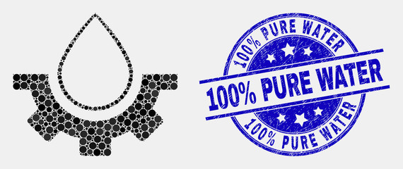 Pixel water plumbing gear mosaic pictogram and 100% Pure Water seal. Blue vector round grunge seal stamp with 100% Pure Water text. Vector combination in flat style.