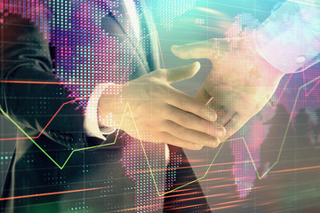 Multi exposure of forex graph and world map on abstract background with two businessmen handshake. Concept of success on international markets