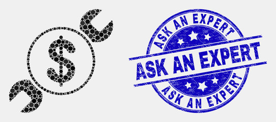 Obraz premium Dotted wrench repair price mosaic icon and Ask an Expert stamp. Blue vector round scratched seal stamp with Ask an Expert title. Vector composition in flat style.