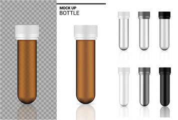 Medicine Bottle Mock up Realistic transparent Amber, white, black and glass ampoule Packaging. for Food and Health Care Product on white Background Illustration.