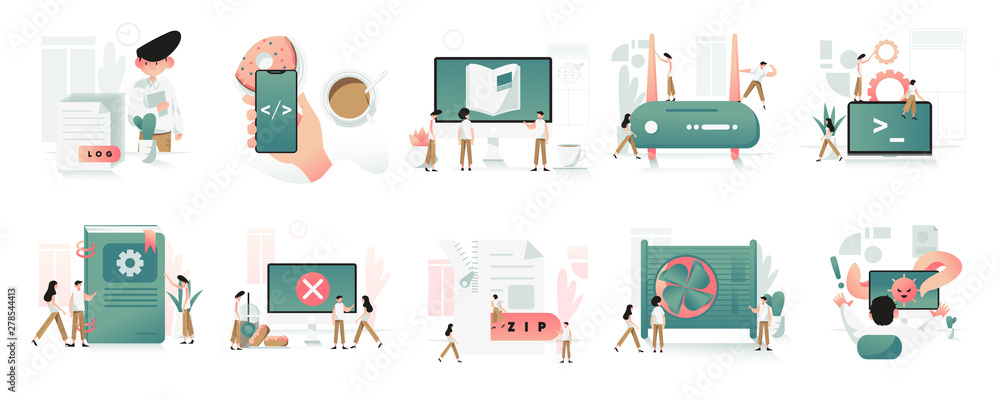Poster programmer and computer equipment illustration set. modern flat design concept for website and mobil