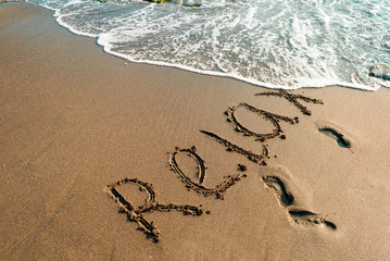 inscription on the sand, relax ,beach, vacation