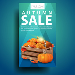 Autumn sale, modern, stylish vertical banner for your business with wooden crates of ripe pumpkins and autumn eaves