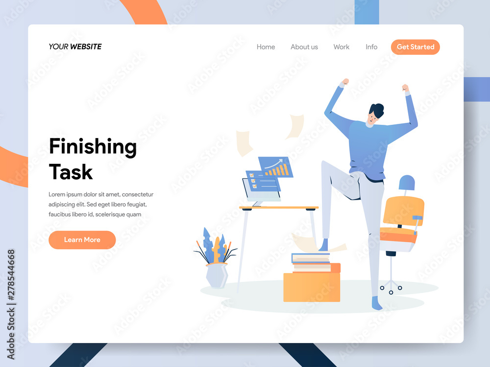Poster happy businessman finishing task illustration concept. modern flat design concept of web page design