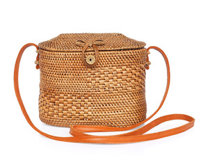 fashionable handmade natural organic rattan bag. Trendy bamboo eco bag from Bali isolated on white background - 278544605