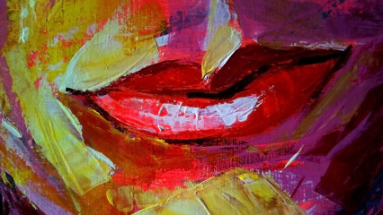 Rough abstract image of female lips. Multi-colored brush strokes on canvas. Handwork.