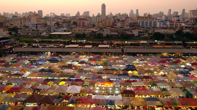 Aerial view of Talad Rod Fai night market in Bangkok, Thailand