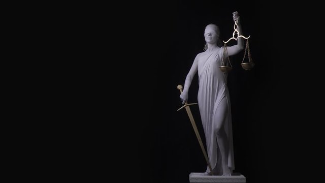 Themis with the golden scales and a sword is standing on the pedestal, 4k