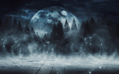 Dark abstract background. Wooden tabletop background, snow, winter. Dark night background in the forest, moonlight glow