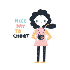 Funny girl with photo camera and quote. Kids graphic. Vector hand drawn illustration.