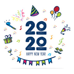 Happy new year 2020 logo with party icon doodle hand drawing colorful style.fun greeting card for celebration holiday number.vector illustration text design.Isolated on white background