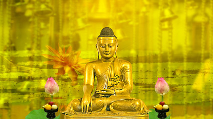 Buddha images with lotus flowers and fruit beside a blurred background