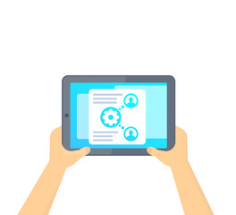 HR management software, tablet in hands, vector illustration