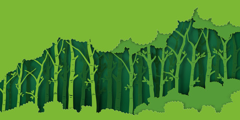 Paper art and digital craft style of Eco green nature background, forest plantation as ecology and environment conservation creative idea concept. Vector illustration.