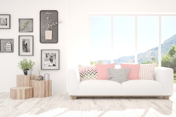 Stylish room in white color with sofa. Scandinavian interior design. 3D illustration